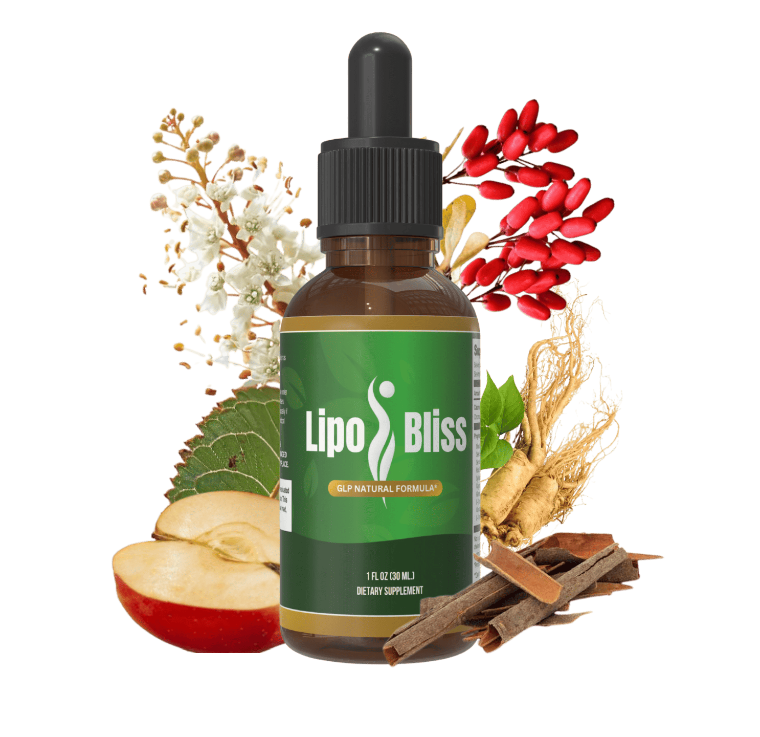 LipoBliss bottle and natural ingredients